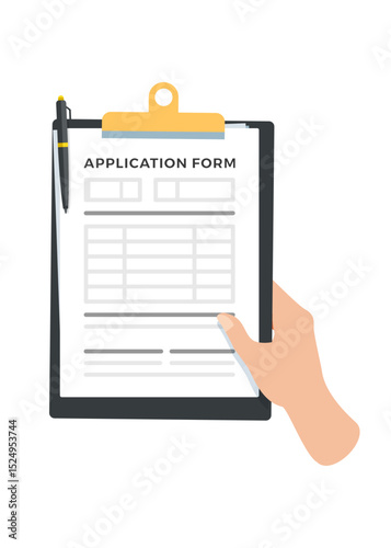 Application form. Hand hold clipboard with form document and pen on it stock illustration