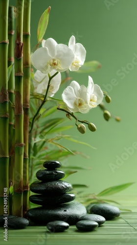 Beautiful White Orchids and Bamboo With Smooth Stones in a Serene Natural Set...