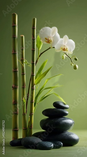 Elegant Spa Arrangement With Stones, Bamboo, and White Orchid in Tranquil Set...