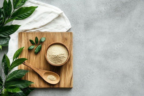 Organic Sea Salt With Fresh Herbs on a Wooden Board at a Kitchen Countertop.