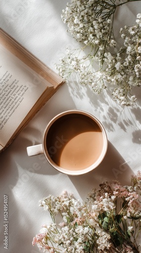 Warm Cup of Coffee Beside Open Book and Dried Flowers in Cozy Setting