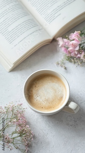 Warm Cup of Coffee Beside Open Book and Dried Flowers in Cozy Setting.