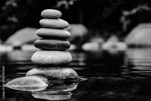 Stacked Stones Create a Balanced Formation on Water Surface During Calm After...
