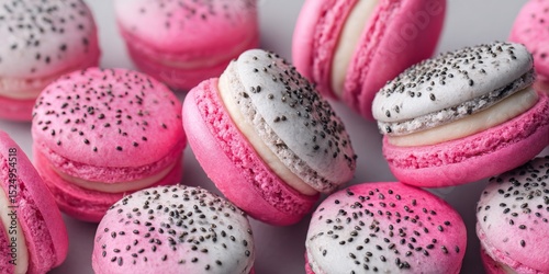 Colorful Macarons With Pink and White Designs Arranged on a White Surface