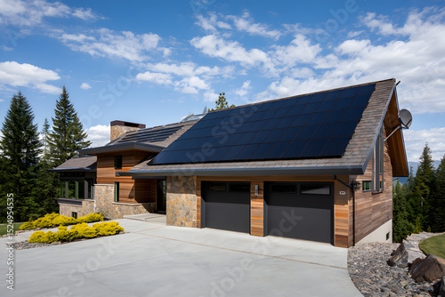 Solar panels on the roof of the house, Solar panels on a garage roof in a setting, Solar panels on a house roof provide green energy.