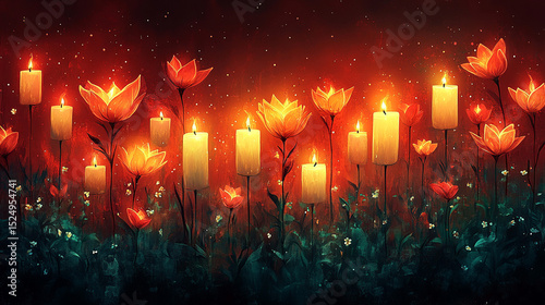 Glowing flowers and candles in a magical night garden