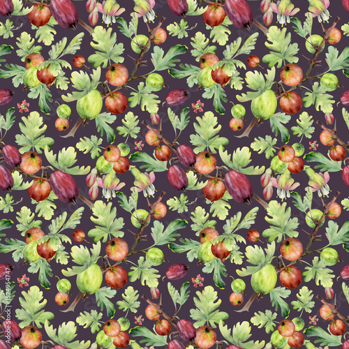 Gooseberry Currant garden berry, leaves flowers hanging on spiked thorny branches hand drawn in watercolor. Seamless pattern isolated on dark. Craft drinks, grocery, background wallpaper, packaging