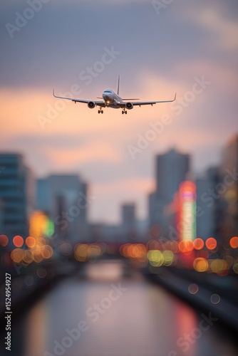 Airplane Approaches Runway Over City Skyline at Dusk With Colorful Lights Ref...