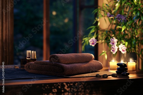 Relaxing Spa Setting With Towels, Candles, and Stones During Evening Hours