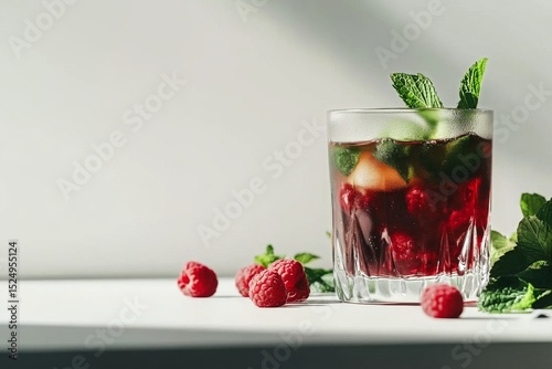 Refreshing Raspberry Mint Cocktail Served in a Glass With Fresh Ingredients o...