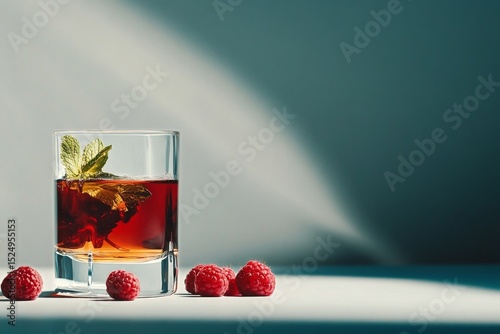 Refreshing Raspberry Drink Garnished With Mint on a Serene Background
