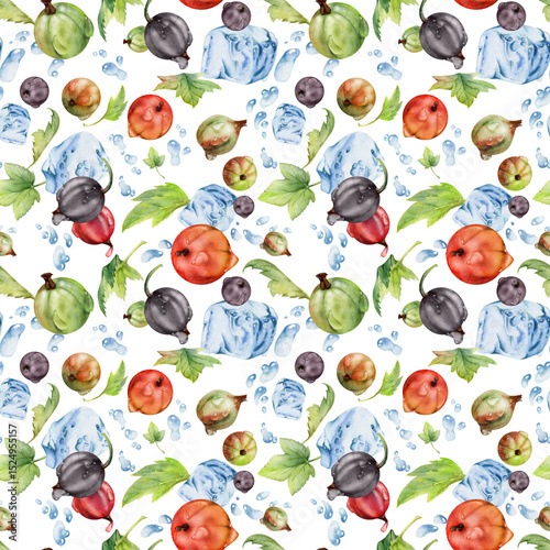Currant gooseberry flying in water splash with ice cubes, dew drops, green leaves, ripe garden juneberry casseille jostaberry. Isolated seamless pattern hand drawn in watercolor. Craft drinks, grocery