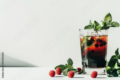 Refreshing Raspberry Mint Cocktail Served in a Glass With Fresh Ingredients o...