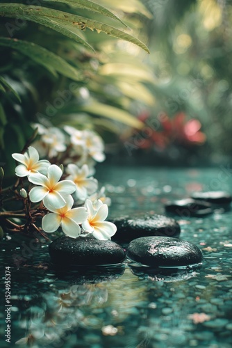 Tranquil Spa Garden With Flowers and Smooth Stones Beside a Serene Pool