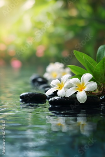 Tranquil Water Scene With White Flowers and Smooth Stones in Serene Natural S...