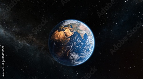 Glowing Earth With City Lights Shining in the Darkness of Space During a Star...