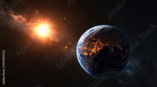 Planet Earth Illuminated by City Lights With a Glowing Sun in the Background ...