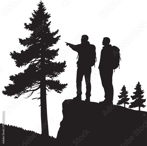 Two Hikers on Cliff Edge with Backpacks in Black Silhouette Style