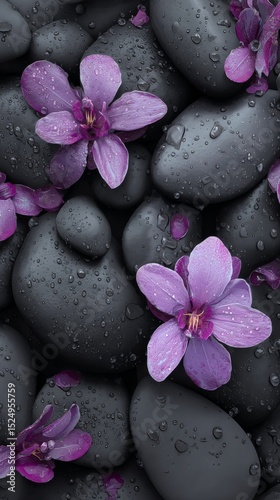 Blooms and Stones Create a Serene Composition in a Tranquil Setting