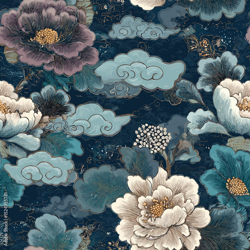 Night Sky Oriental Floral Pattern with Clouds