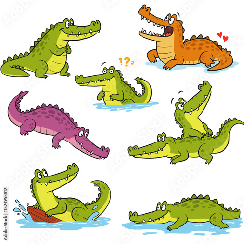 Cheerful crocodile mascot logo character in set