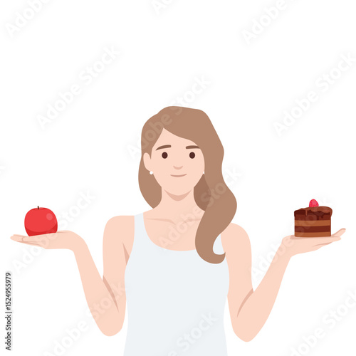 Woman holds an apple in one hand and a piece of chocolate cake in the other. Flat vector illustration isolated on white background