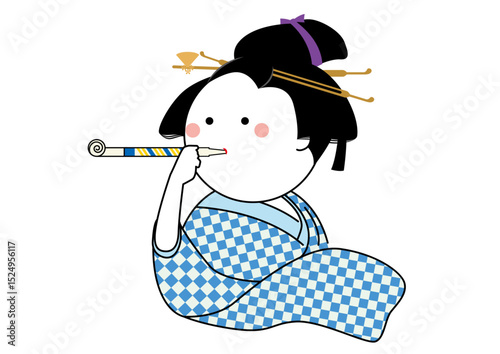 吹き戻しを吹く娘ゆるいイラスト