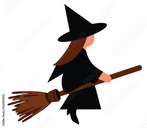A single witch riding on a wooden besom flying broomstick