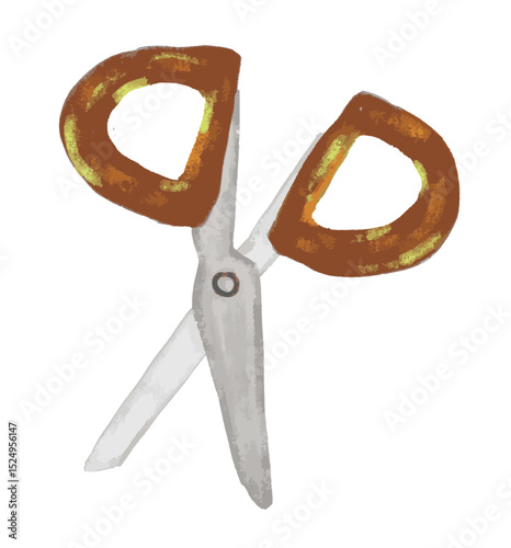 Cute hand drawn old rusty brown scissor kids doodle crayon watercolor illustration stationery. back to school element sticker clipart vector