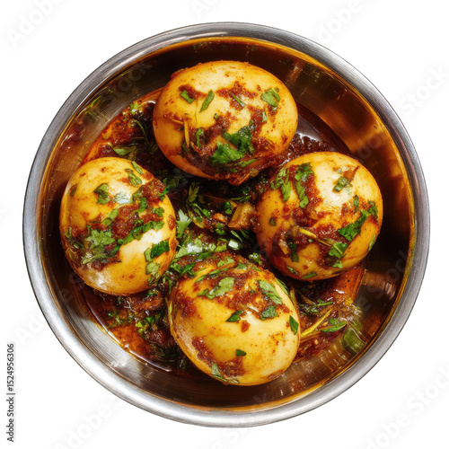 Four spiced eggs in a small metal bowl