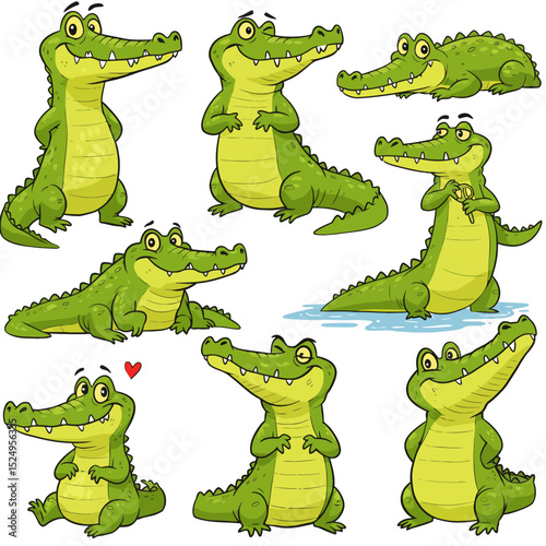 Cheerful crocodile mascot logo character in set