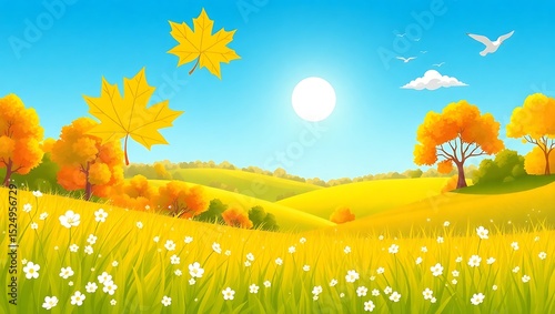 Autumn landscape illustration: scenic fall meadow with maple leaves