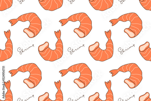 Seamless Shrimp pattern. Hand drawn lineart peeled shrimps vector illustration and hand written inscription. Repeated background for textile, wallpaper, packaging. Japanese food menu. Seafood menu