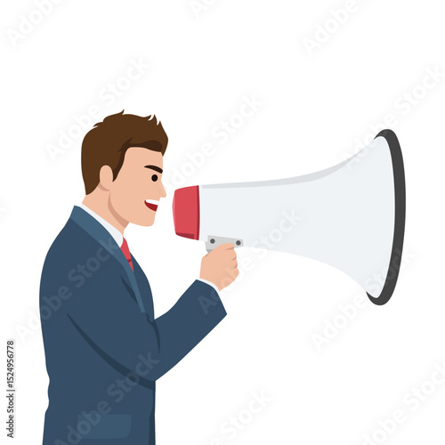 Businessman Announcing Through Megaphone. Flat vector illustration isolated on white background