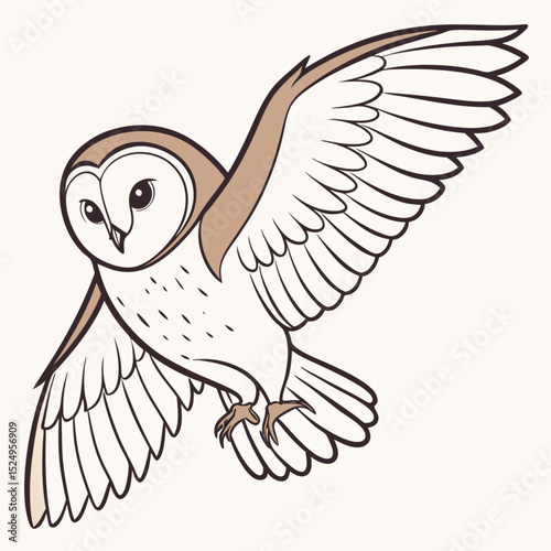 Owl Soaring in Flight: A graceful illustration captures the Barn Owl mid-flight, wings spread in effortless motion, showcasing its unique facial disc and captivating gaze.