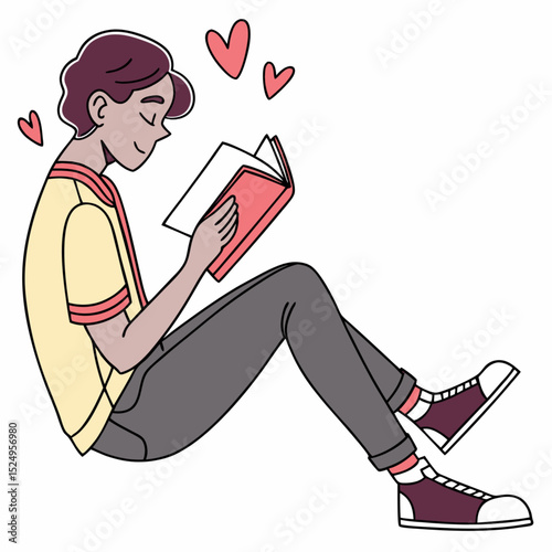 A Young Reader Immersed in a Book: A young person is captivated by the words within a book, surrounded by heart symbols representing the emotional connection with the story and moment of reading.