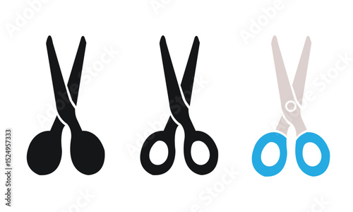 Open scissors icon set. Red scissors symbol. Black filled cut tool sign. Outline shear illustration.