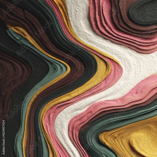 Abstract layered design with flowing, earthy tones and textured surfaces