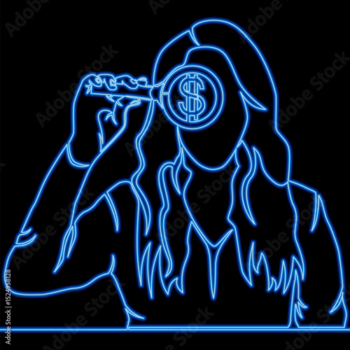 Woman Looking Through Magnifying Glass with Dollar Sign Financial Analysis and Money Focus icon neon glow vector illustration concept