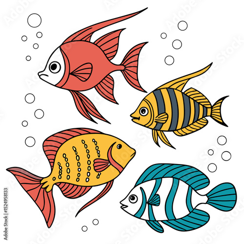 Cute cartoon fish illustration set underwater