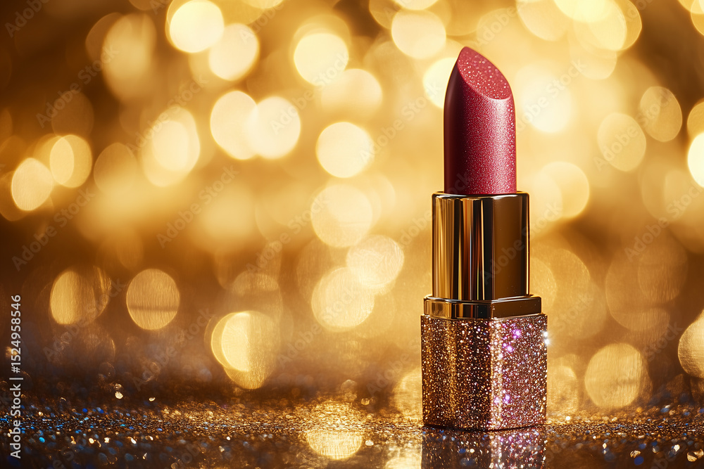 A shimmering lipstick with sparkles on the casing, standing on a reflective surface with a glittery gold background A shimmering lipstick with sparkles on the casing, standing on a reflective surface with a glittery gold background