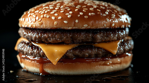 Double cheeseburger on dark background with dripping sauce
