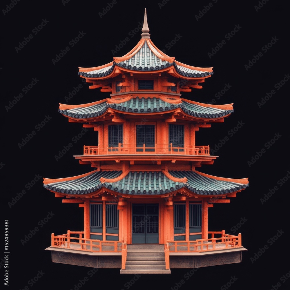 Fototapeta premium a classic three-story Asian pagoda with green tiled roofs, red wooden structure, intricate eaves, and traditional architectural details, isolated on black background