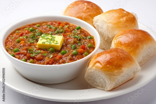 Delicious pav bhaji featuring mashed vegetable curry with butter, served with soft bread rolls on a clean white background, ideal for casual dining or culinary exploration