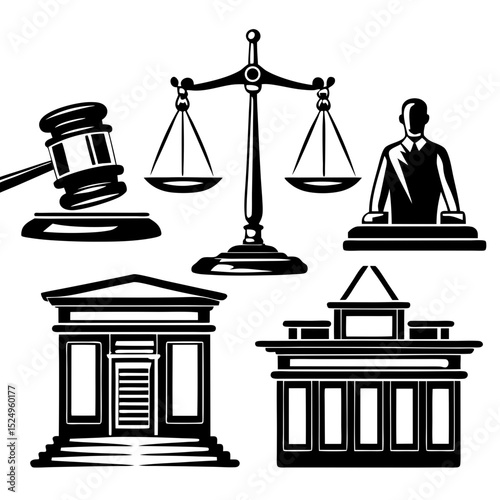 Law justice symbols gavel scales court building