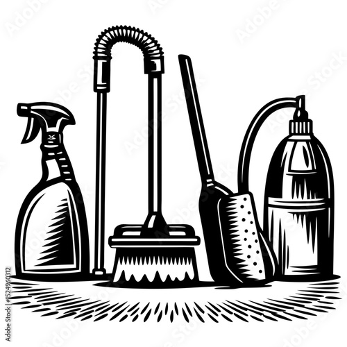 Cleaning supplies illustration broom vacuum spray bottle