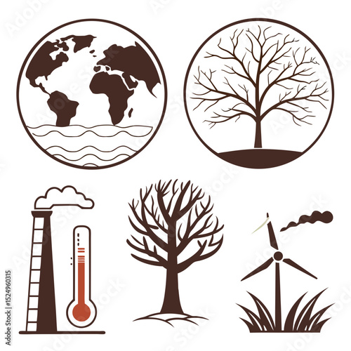 Climate change icons earth trees pollution and wind energy
