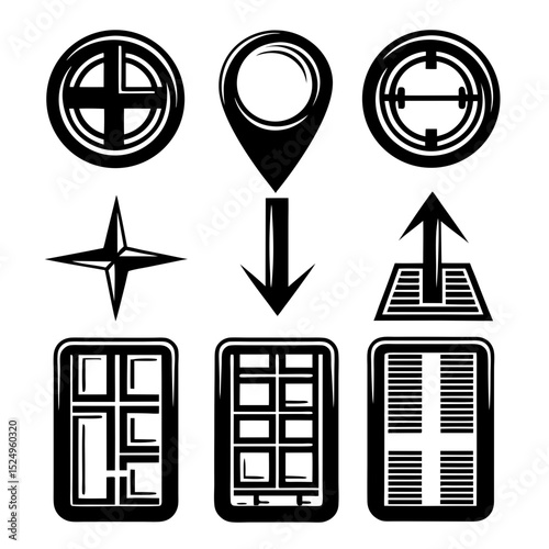 Collection of black navigation and location icons