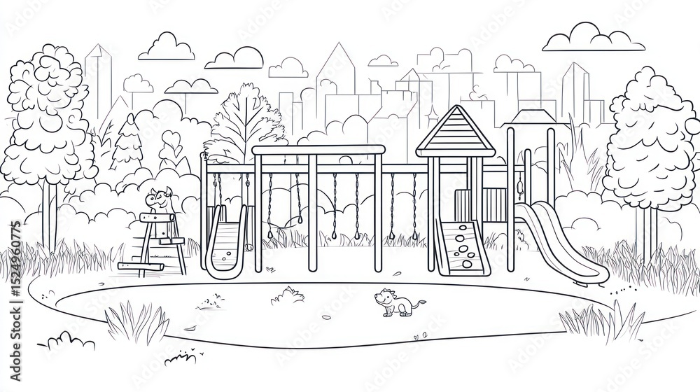 Obraz premium Black and white playground scene in a park, with city skyline in the background. Simple line art depicts play structures, trees, grassy areas, and a pond. A few animals are included