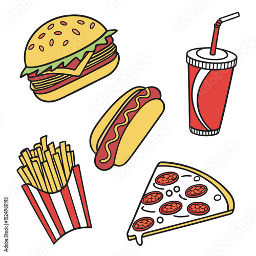 Cartoon fast food icons set burger pizza fries